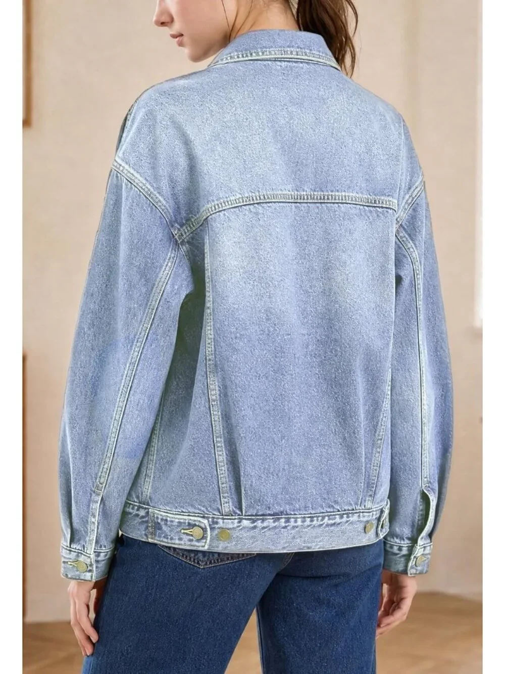 Women's Light Blue Oversized Trucker Jeans Jacket Long Sleeve Button Down Coat